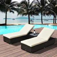 Outsunny Chaise Lounge Chair Set of 2 with 5 Angle Backrest, Outdoor Coffee Table, Water Repellent Cushions, PE Rattan Wicker Poolside Chairs, 3-Piece Pool Furniture Set, Dark Brown/Cream White(m-2)