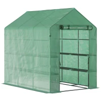 Outsunny 7' x 5' x 6.5' Walk-in Greenhouse, PE Cover, 2-Tier Shelves, Steel Frame Hot house, Roll-Up Zipper Door for Flowers, Vegetables, Saplings, Tropical Plants, Green(m-1)