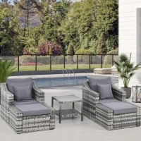 Outsunny 5-Piece Patio Furniture Set Outdoor Rattan Wicker Conversation Set with 2 Cushioned Chairs, 2 Ottomans and Coffee Table, Grey(m-1)