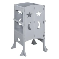 Qaba Wooden Kitchen Step Stool for Kids, Foldable Toddler Tower, Helper Stool for Kitchen Counter with Support Handles Safety Rail, Gray(m-1)