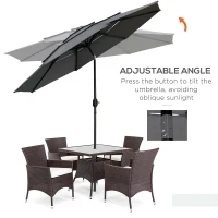 Outsunny 9FT 3 Tiers Patio Umbrella Outdoor Market Umbrella with Crank, Push Button Tilt for Deck, Backyard and Lawn, Light Grey(m-4)