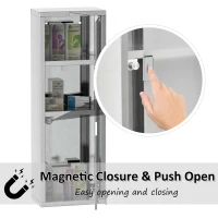 kleankin Wall Mount Medicine Cabinet, Bathroom Cabinet with 3 Tier Shelves, Stainless Steel Frame and Glass Door, Lockable with 2 Keys, Silver, 8" x 23"(m-6)