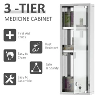 kleankin Wall Mount Medicine Cabinet, Bathroom Cabinet with 3 Tier Shelves, Stainless Steel Frame and Glass Door, Lockable with 2 Keys, Silver, 8" x 23"(m-4)