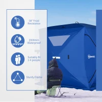 Outsunny 2-4 Person Pop-up Ice Fishing Tent Portable Ice Fishing Shelter with Windproof Windows and Carrying Bag Hub Fish Shelter, Blue(m-4)