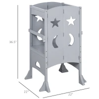 Qaba Wooden Kitchen Step Stool for Kids, Foldable Toddler Tower, Helper Stool for Kitchen Counter with Support Handles Safety Rail, Gray(m-3)