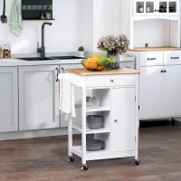 HOMCOM Modern Rolling Kitchen Island Cart with Drawer, Natural Wood Top, Towel Rack, Door Storage Cabinet, White(m-1)