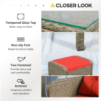 Outsunny 5 Pieces Rattan Wicker Lounge Chair Outdoor Patio Conversation Set with 2 Cushioned Chairs, 2 Ottomans and Tempered Glass Top Coffee Table, Brown/Red(m-6)