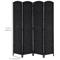 HOMCOM 6ft Folding Room Divider, 4 Panel Wall Partition with Wooden Frame for Bedroom, Home Office, Black(m-3)