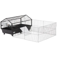PawHut Metal Small Animal Cage, Rabbit Cage for Guinea Pig Chinchilla Hedgehog Bunny with Removable Wheels and Foldable Detachable Run Fence 46.5" L x 67" W x 24.5" H(m-2)