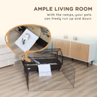 PawHut Small Animal Cage with Foldable Run Area, Rolling Bunny Cage, Guinea Pig Cage, Hedgehog Cage with Water Bottle, Water Bowl, and Ramps, 46.5" L(m-4)