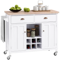HOMCOM Rolling Kitchen Island, Bar Cart on Wheels with Large Counter, 2 Spacious Drawers and Storage Cabinets, Wine Rack, White(m-2)