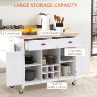 HOMCOM Rolling Kitchen Island, Bar Cart on Wheels with Large Counter, 2 Spacious Drawers and Storage Cabinets, Wine Rack, White(m-4)