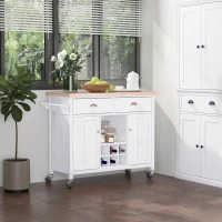 HOMCOM Rolling Kitchen Island, Bar Cart on Wheels with Large Counter, 2 Spacious Drawers and Storage Cabinets, Wine Rack, White(m-1)