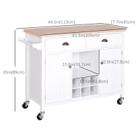 HOMCOM Rolling Kitchen Island, Bar Cart on Wheels with Large Counter, 2 Spacious Drawers and Storage Cabinets, Wine Rack, White(m-3)