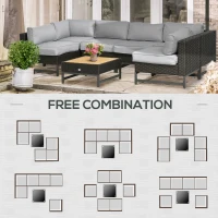 Outsunny 7 Piece Outdoor Patio Furniture Set with 4.75" Thick Cushions, Aluminum Frame Outdoor PE Rattan Wicker Sectional Sofa Set with Slat Wood Grain Plastic Top Coffee Table, Light Gray(m-7)