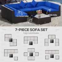 Outsunny 7 Piece Outdoor Patio Furniture Set, PE Rattan Wicker Sectional Sofa Set with Couch Cushions, Throw Pillows and Slat Coffee Table, Dark Brown, Deep Blue(m-6)