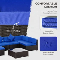 Outsunny 7 Piece Outdoor Patio Furniture Set, PE Rattan Wicker Sectional Sofa Set with Couch Cushions, Throw Pillows and Slat Coffee Table, Dark Brown, Deep Blue(m-5)