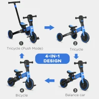 Aosom 4-in-1 Toddler Tricycle, Adjustable Balance Bike, Kids Bike, Baby Bicycle Push Trike for Kids 2-4 with Folding Trike Handle, Outdoor Toy for Toddlers & Kindergarteners, Blue(m-4)