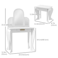 Qaba Kids Dressing Table and Chair Set, Girls Dressing Set, Makeup Desk with Drawer for 3-6 Years Old Kids, White(m-3)