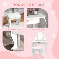 Qaba Kids Dressing Table and Chair Set, Girls Dressing Set, Makeup Desk with Drawer for 3-6 Years Old Kids, White(m-6)