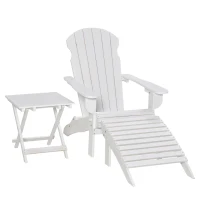 Outsunny 3-Piece Folding Adirondack Chair with Ottoman and Side Table, Outdoor Wooden Fire Pit Chairs w/ High-back, Wide Armrests for Patio, Backyard, Garden, Lawn Furniture, White(m-1)