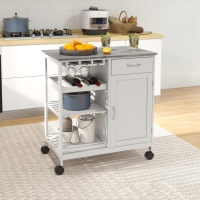 HOMCOM Rolling Kitchen Cart, Bar Cart on Wheels with Wine Rack, Drawer, Open Shelves, Cabinet and Faux Marble Top, Kitchen Island with Storage, White
