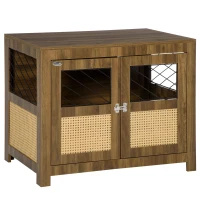 PawHut Dog Crate Furniture with Soft Cushion, Dog Crate End Table with Rattan Decoration, Small to Medium Sized Dog Kennel Furniture Indoors with Large Entrance, Walnut(m-1)