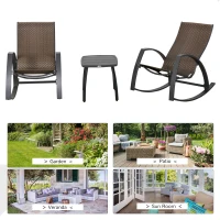 Outsunny 3 Pieces Patio Wicker Rocking Chair Set, Outdoor PE Rattan Bistro Rocker Set w/ Aluminum Frame, and Glass Top Coffee Table for Garden, Porch, Poolside, Brown(m-7)