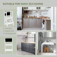 Qaba 2-in-1 Kids Kitchen Helper Step Stool, Detachable Toddler Table and Chair Set, Children Standing Tower for Kitchen Counter with Safety Rail Chalkboard, White(m-7)