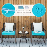 Outsunny 3 Pieces Patio Wicker Rocking Set, Outdoor PE Rattan Bistro Furniture Set with Soft Padded Cushions, Pillows and Round Glass Top Coffee Table for Patio, Backyard, Garden, Green(m-7)