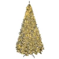 HOMCOM 9' Prelit Artificial Flocked Christmas Trees, with Snow Frosted Branches, Warm White LED Lights, Auto Open