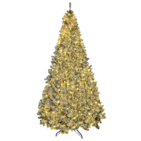 HOMCOM 9' Prelit Artificial Flocked Christmas Trees, with Snow Frosted Branches, Warm White LED Lights, Auto Open(m-1)