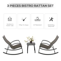 Outsunny 3 Pieces Patio Wicker Rocking Chair Set, Outdoor PE Rattan Bistro Rocker Set w/ Aluminum Frame, and Glass Top Coffee Table for Garden, Porch, Poolside, Brown(m-4)