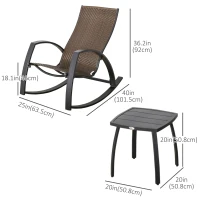 Outsunny 3 Pieces Patio Wicker Rocking Chair Set, Outdoor PE Rattan Bistro Rocker Set w/ Aluminum Frame, and Glass Top Coffee Table for Garden, Porch, Poolside, Brown(m-3)