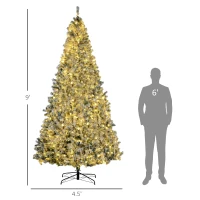 HOMCOM 9' Prelit Artificial Flocked Christmas Trees, with Snow Frosted Branches, Warm White LED Lights, Auto Open(m-3)