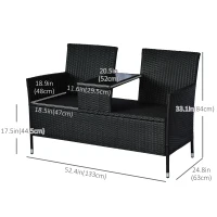 Outsunny 2 Seat Rattan Wicker Chair Garden Bench with Tea Table Backyard All Weather Padded Seat, Black(m-3)