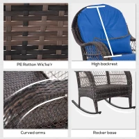 Outsunny Outdoor Rocking Chair with Seat and Back Cushion, Outdoor PE Rattan Garden Chair with Curved Armrests, for Porch, Backyard, Poolside, Blue(m-7)