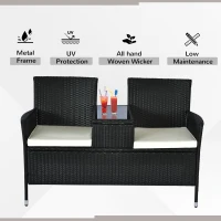 Outsunny 2 Seat Rattan Wicker Chair Garden Bench with Tea Table Backyard All Weather Padded Seat, Black(m-4)