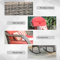 Outsunny Outdoor Rocking Chair with Seat and Back Cushion, Outdoor PE Rattan Garden Chair with Curved Armrests, for Porch, Backyard, Poolside, Red(m-7)
