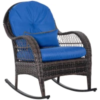 Outsunny Outdoor Rocking Chair with Seat and Back Cushion, Outdoor PE Rattan Garden Chair with Curved Armrests, for Porch, Backyard, Poolside, Blue(m-2)