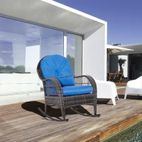 Outsunny Outdoor Rocking Chair with Seat and Back Cushion, Outdoor PE Rattan Garden Chair with Curved Armrests, for Porch, Backyard, Poolside, Blue(m-1)