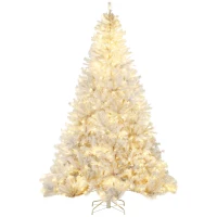 HOMCOM 7.5' Prelit Artificial White Christmas Trees Home Decor, with Warm White LED Lights, Auto Open, Steel Base(m-1)