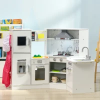 Qaba Play Kitchen Set for Kids w/ Apron and Chef Hat, Ice Maker White(m-2)