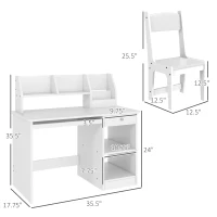 Qaba Kids Desk and Chair Set 5-8 Year Old with Storage, White(m-3)