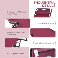 Outsunny Folding Chaise Lounge Chair for Outside, 2-in-1 Tanning Chair with Pillow & Pocket, Adjustable Pool Chair for Beach, Patio, Lawn, Deck, Red(m-4)