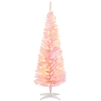 HOMCOM 5ft Pencil Christmas Tree, Slim Artificial Christmas Tree with Realistic Branches and Warm White LED Lights, Pink(m-1)