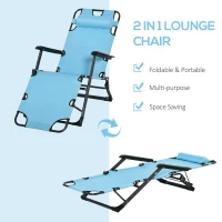 Outsunny Folding Chaise Lounge Chair for Outside, 2-in-1 Tanning Chair with Pillow & Pocket, Adjustable Pool Chair for Beach, Patio, Lawn, Deck, Blue(m-5)