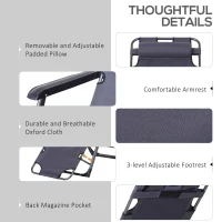 Outsunny Folding Chaise Lounge Chair for Outside, 2-in-1 Tanning Chair with Pillow & Pocket, Adjustable Pool Chair for Beach, Patio, Lawn, Deck, Gray(m-5)