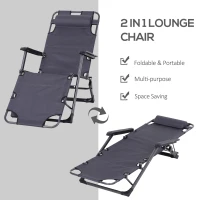 Outsunny Folding Chaise Lounge Chair for Outside, 2-in-1 Tanning Chair with Pillow & Pocket, Adjustable Pool Chair for Beach, Patio, Lawn, Deck, Gray(m-6)