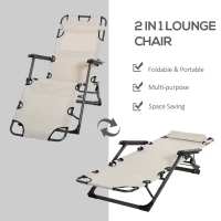 Outsunny Folding Chaise Lounge Chair for Outside, 2-in-1 Tanning Chair with Pillow & Pocket, Adjustable Pool Chair for Beach, Patio, Lawn, Deck, Cream White(m-5)